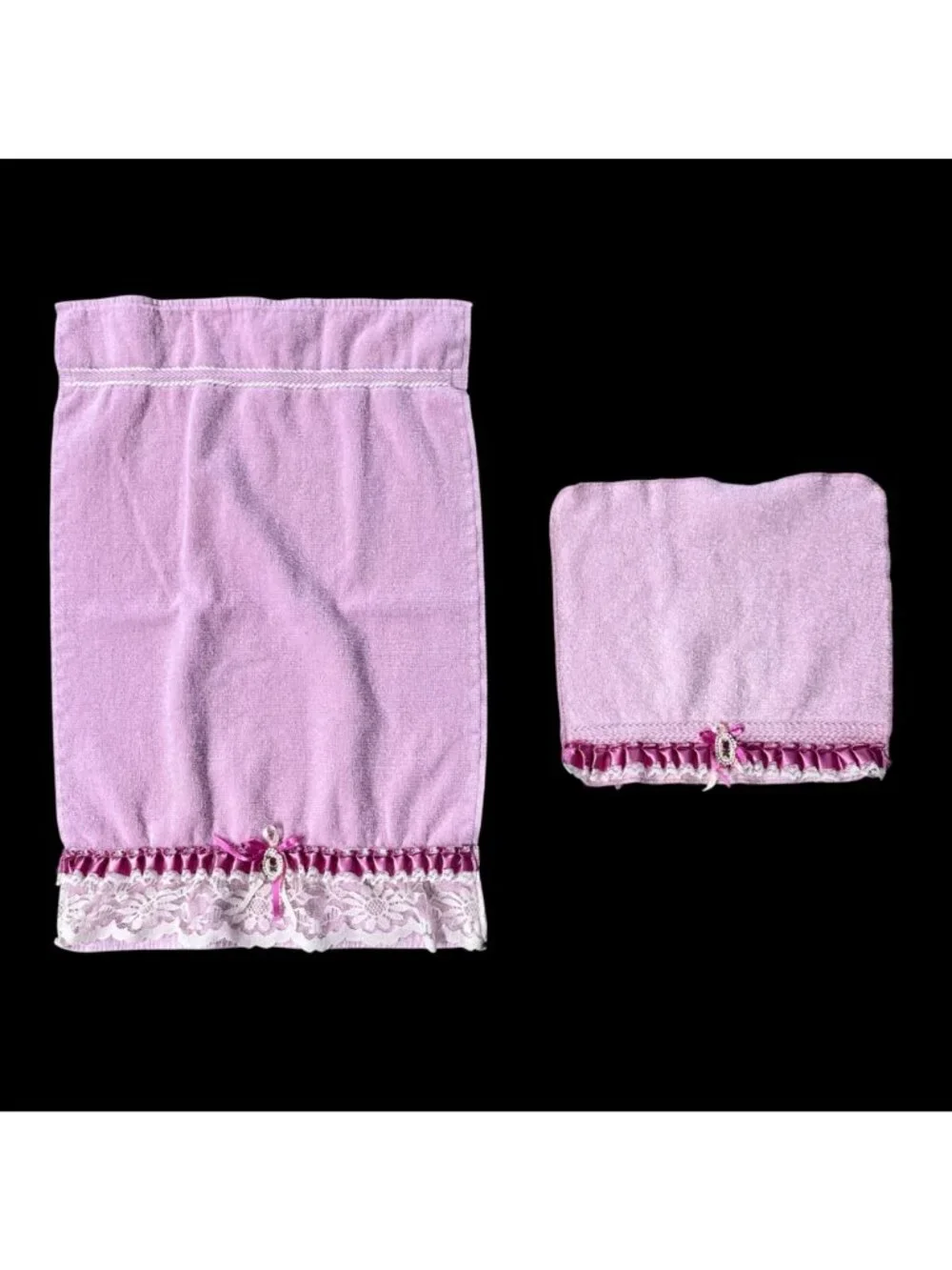 Vintage Pink Hand Towel Washcloth Set Lace Ribbon Romantic Granny Bathroom
